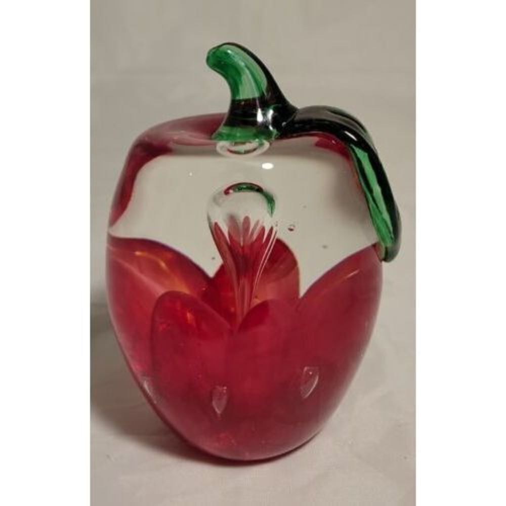 Joe Rice Art Glass Paperweight Red Apple Windowed Clear Glass w/ red floral NICE